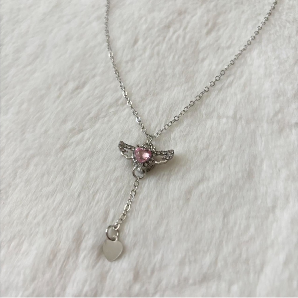 5/$15 🩷 MUST BUNDLE Silver Tone Pink Heart Wing Rhinestone Drop Necklace - Picture 5 of 7